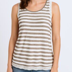 NWT Bellambra Italy | Crochet Trim White & Taupe Striped Tank Top | Size Small